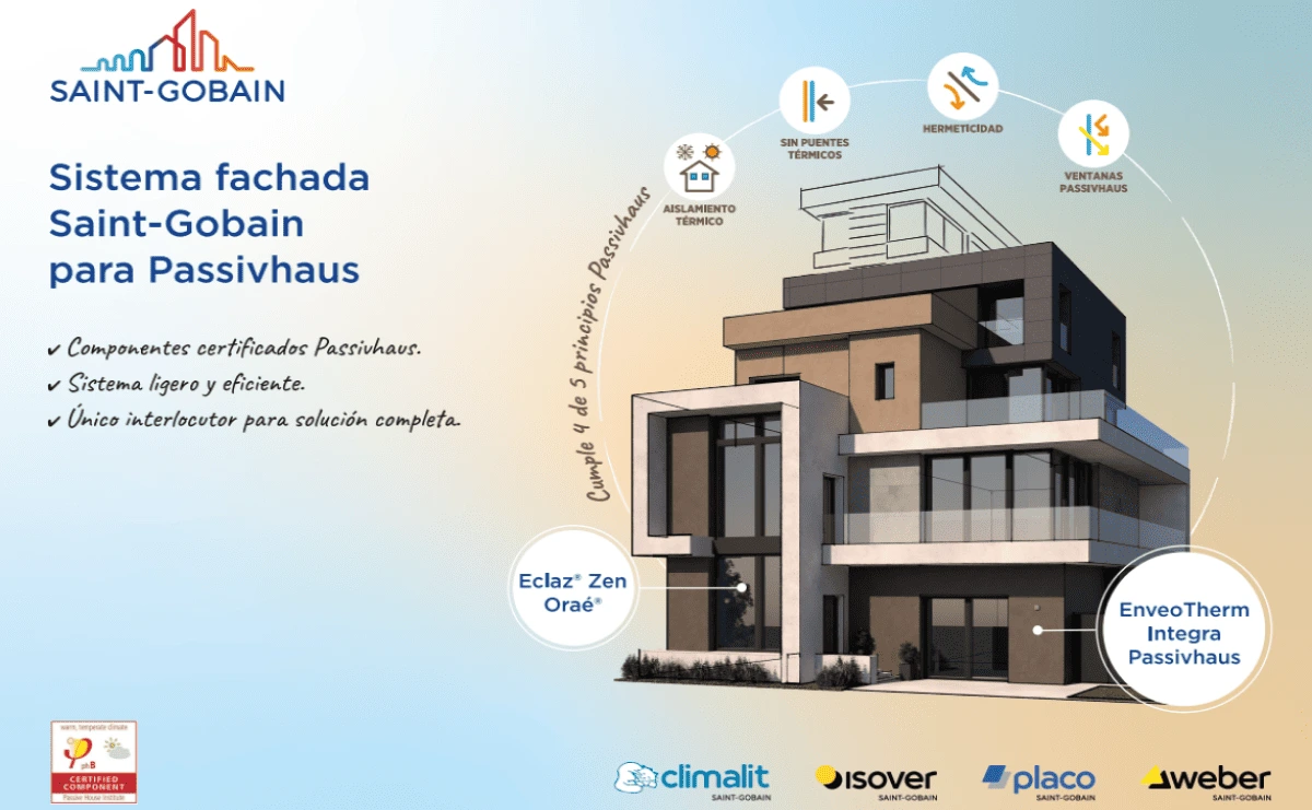 Saint-Gobain Spaniens leichte Fassade als Passivhaus-taugliches Hüllen-System — Integration von ENVEOTHERM, ISOVER, PLACO und ECLAZ für effizienzgetriebene Hüllen